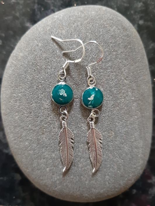 Feather Earrings - Teal & Silver Leaf